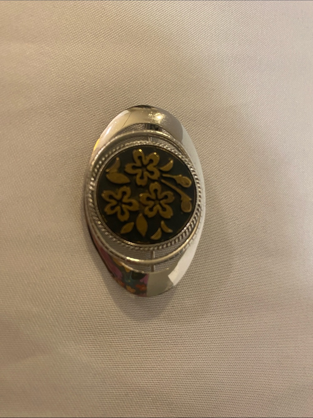 Vintage Silver Floral Oval Brooch with Yellow Enamel Accents